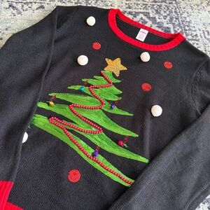 Women’s Size Large Christmas Tree Holiday Festive Sweater Preppy Beaded Pom Poms